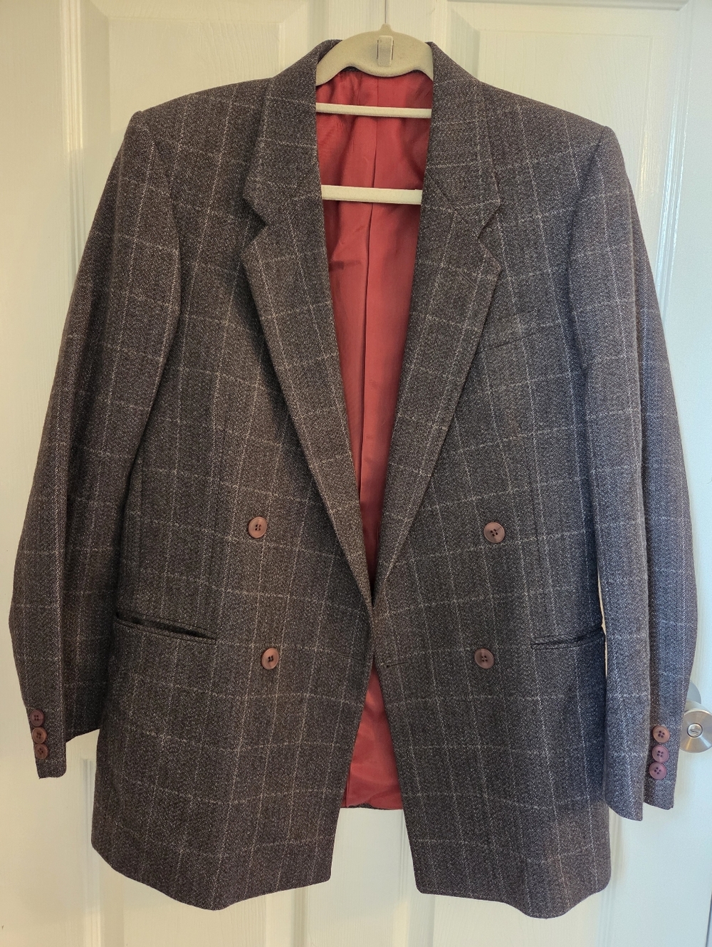 Pure Virgin Wool Men's Double-Breasted Windowpane Blazer